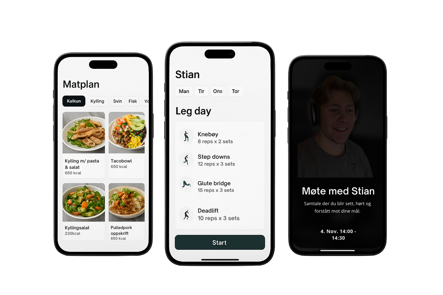 Coaching app med matplan, treningsøkt og møte med Stian